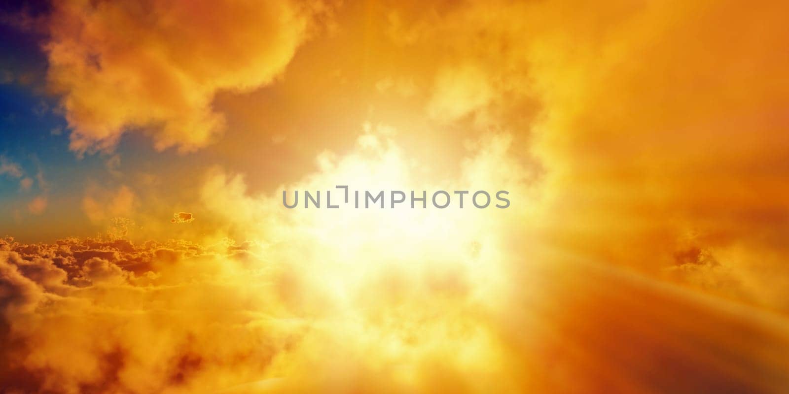 above clouds sun ray sunset. 3d render illustration