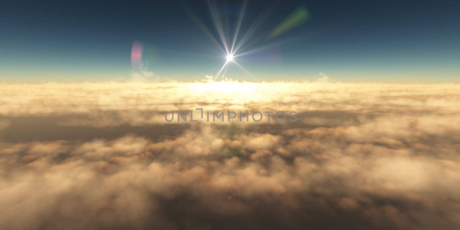 fly above clouds sunset landscape, 3d render illustration