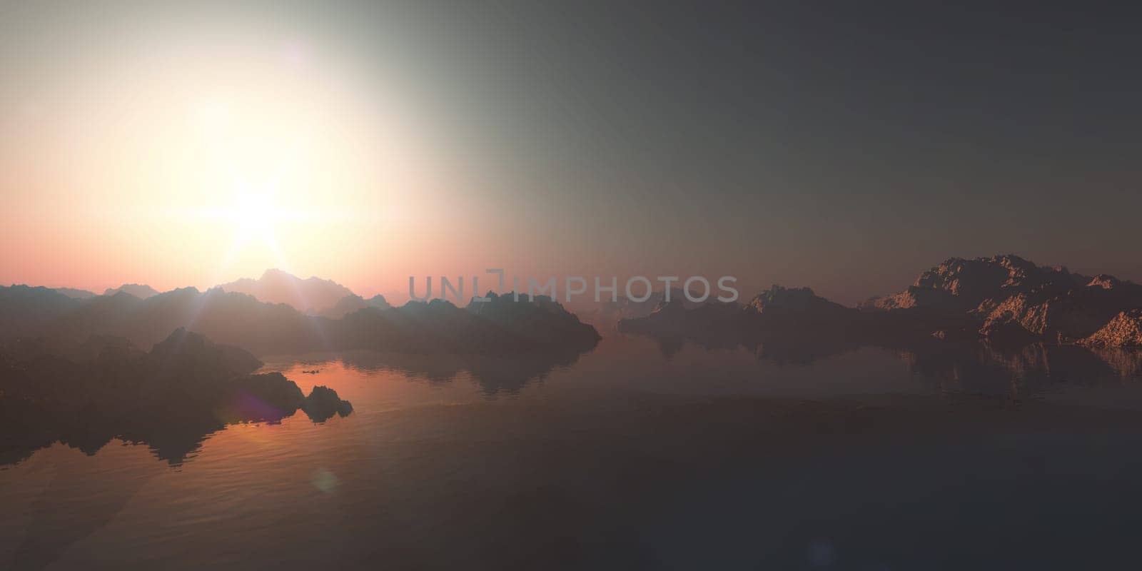 above islands in sea sunset, illustration 3d rendering