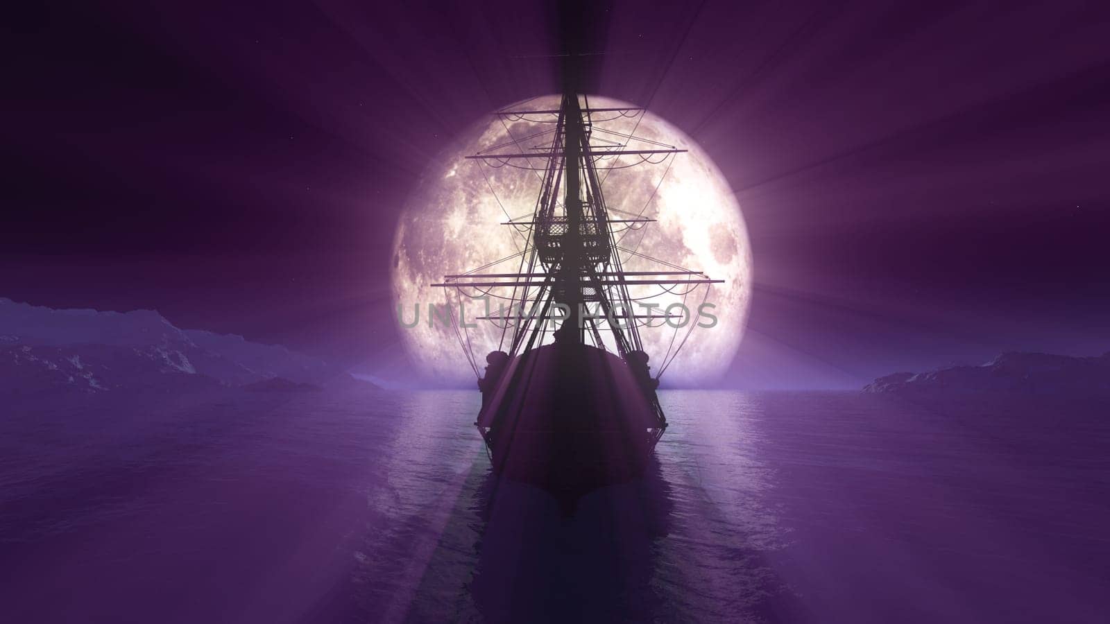 old ship in sea full moon illustration by alex_nako