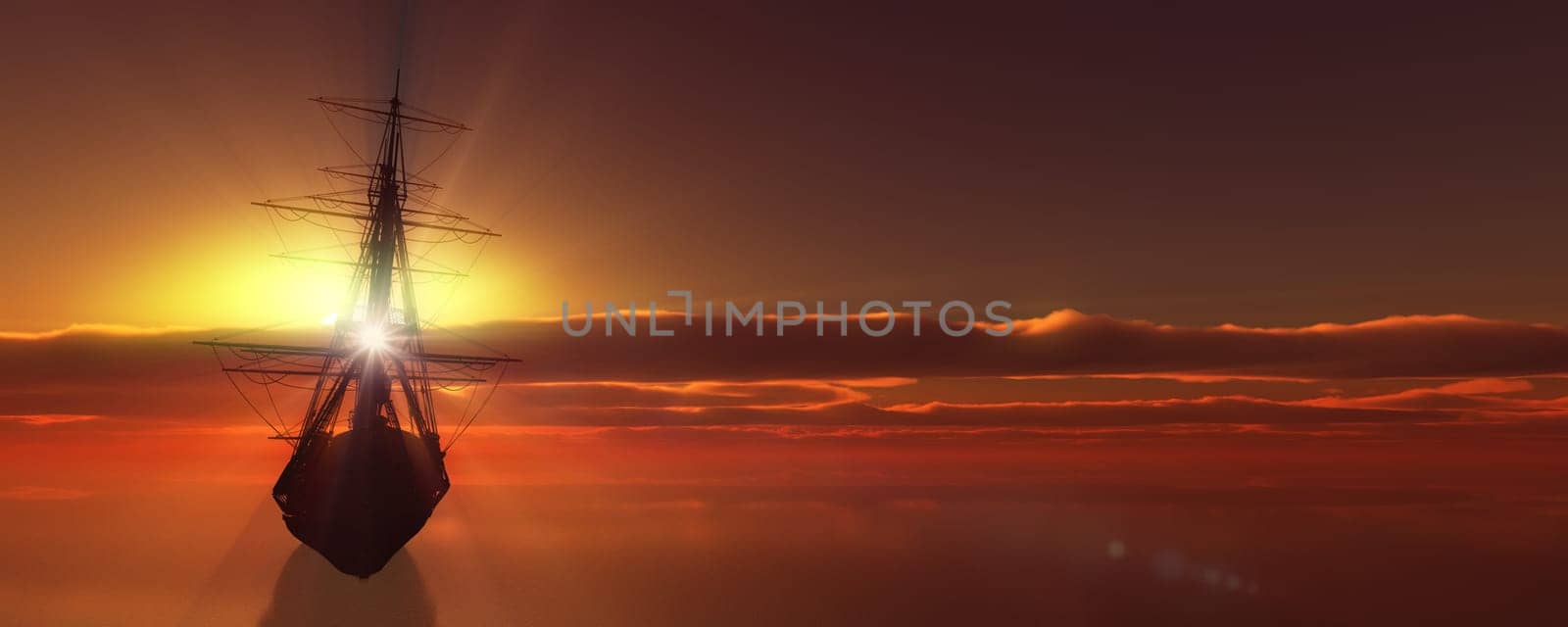 old ship sunset at sea 3d rendering illustration