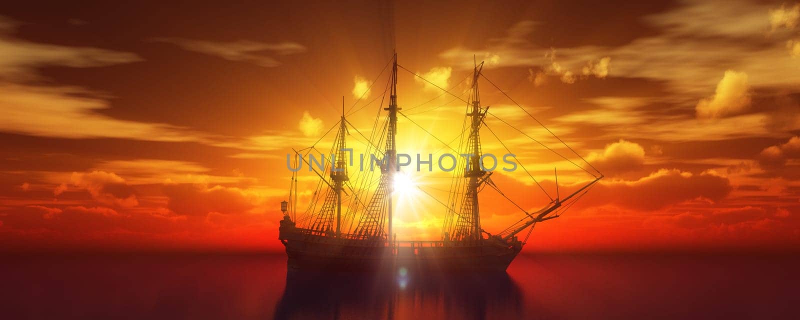 old ship sunset at sea 3d rendering illustration