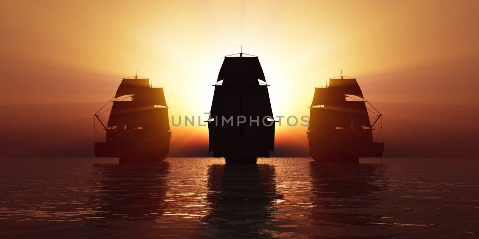 old three ships sunset at sea, 3d rendering illustration