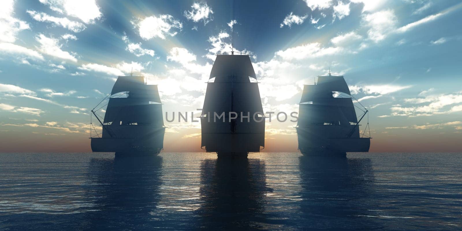 old three ships sunset at sea, 3d rendering by alex_nako