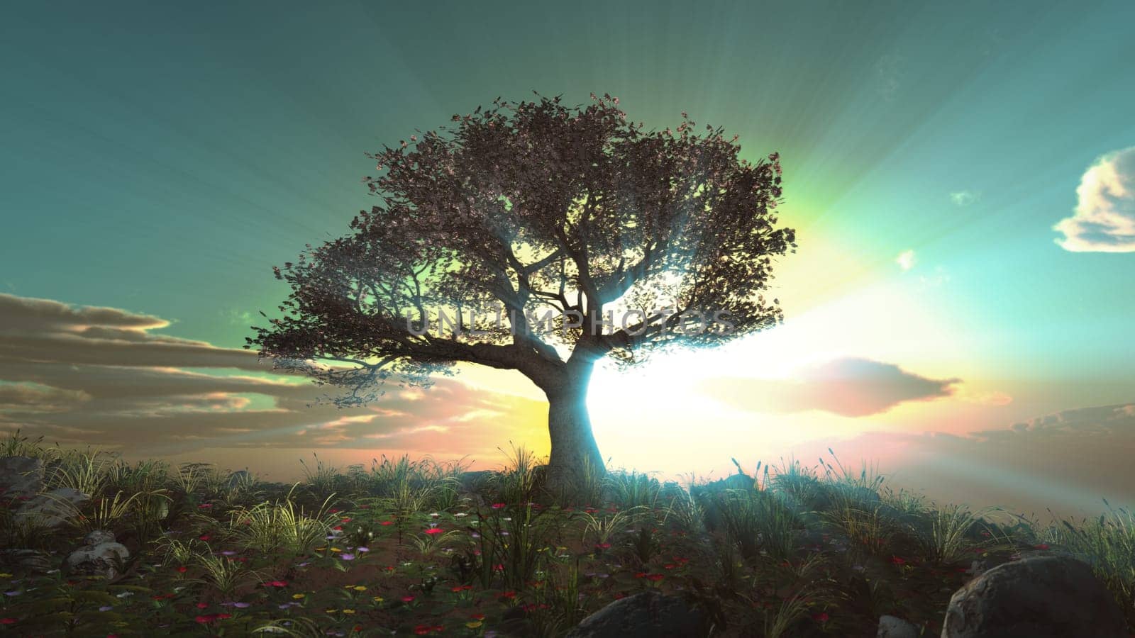 tree spring in meadow sunset illustration, 3d rendering