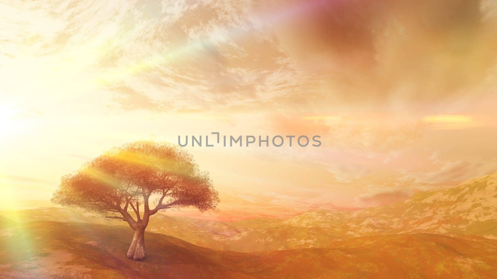 sunset at meadow and lonely tree, 3d render illustration