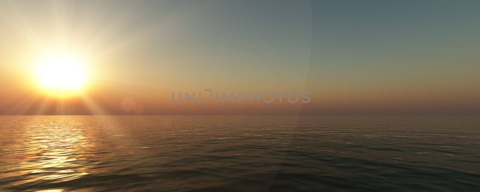 sunset sea sun ray clear sky. 3d rendering by alex_nako