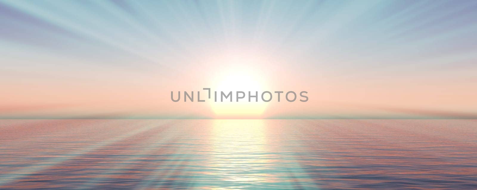 sunset sea sun ray clear sky, 3d rendering illustration