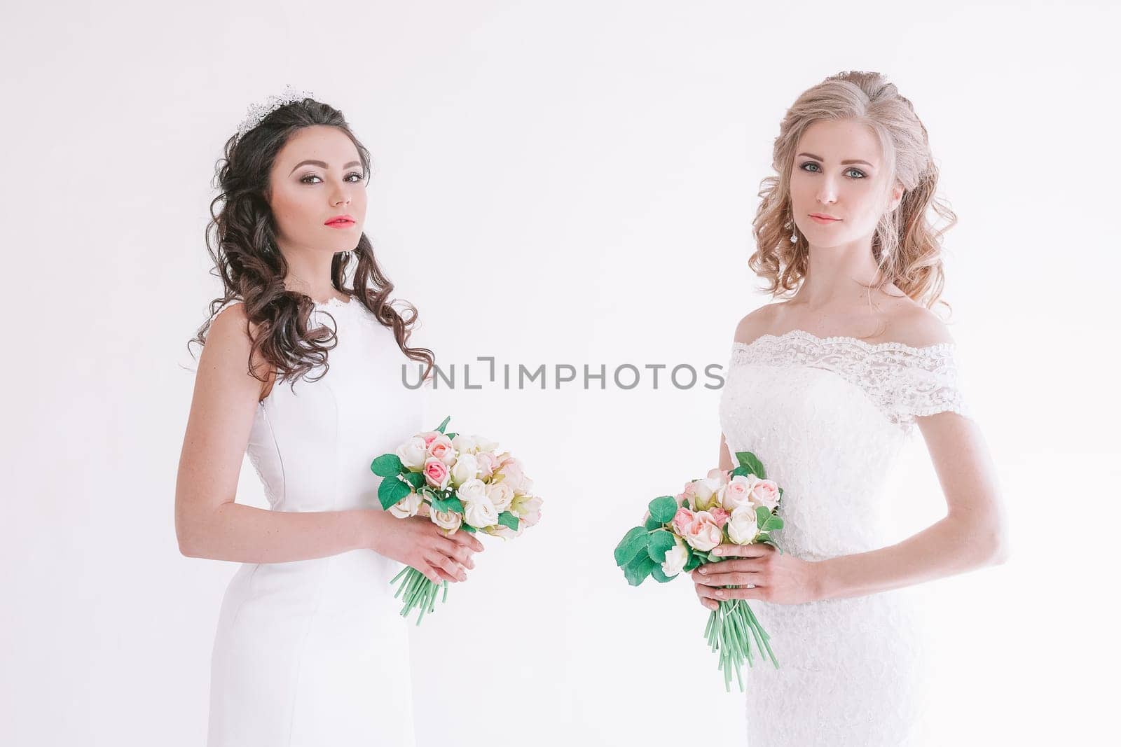 two wedding bride with bouquet wedding white by Simakov