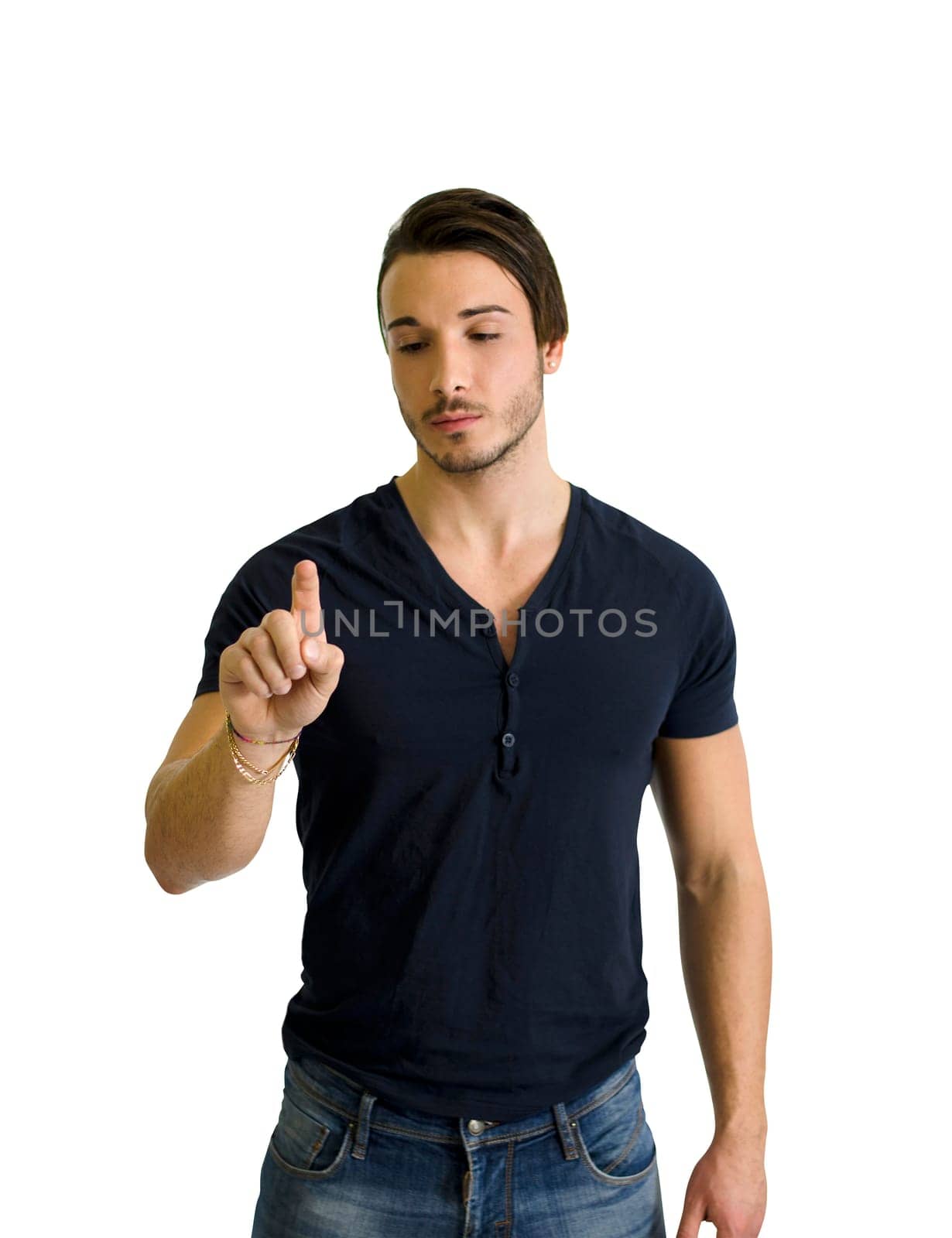 A man in a black shirt pointing at something, as if he's clicking an invisible button