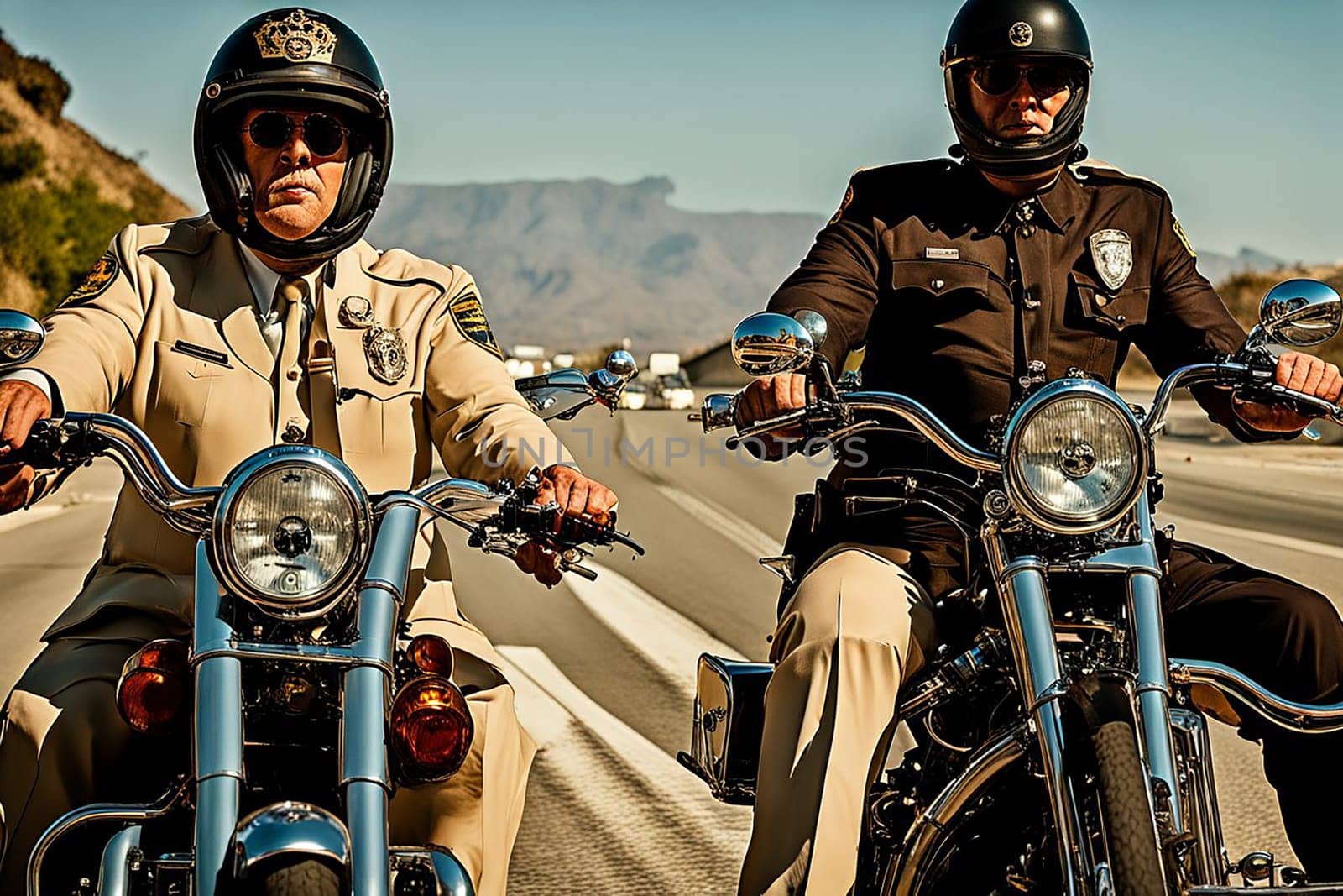 veteran chips police patrol on motorbikes riding steampunk bikes funny postcards generative ai art