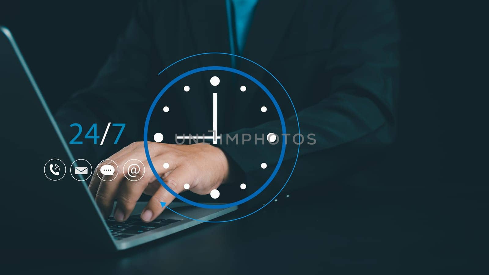 work 24hour and 7 day icon virtual screen hologram, 24hour open, 24 hour payment online banking, shopping, transection online service server cloud running. by Unimages2527