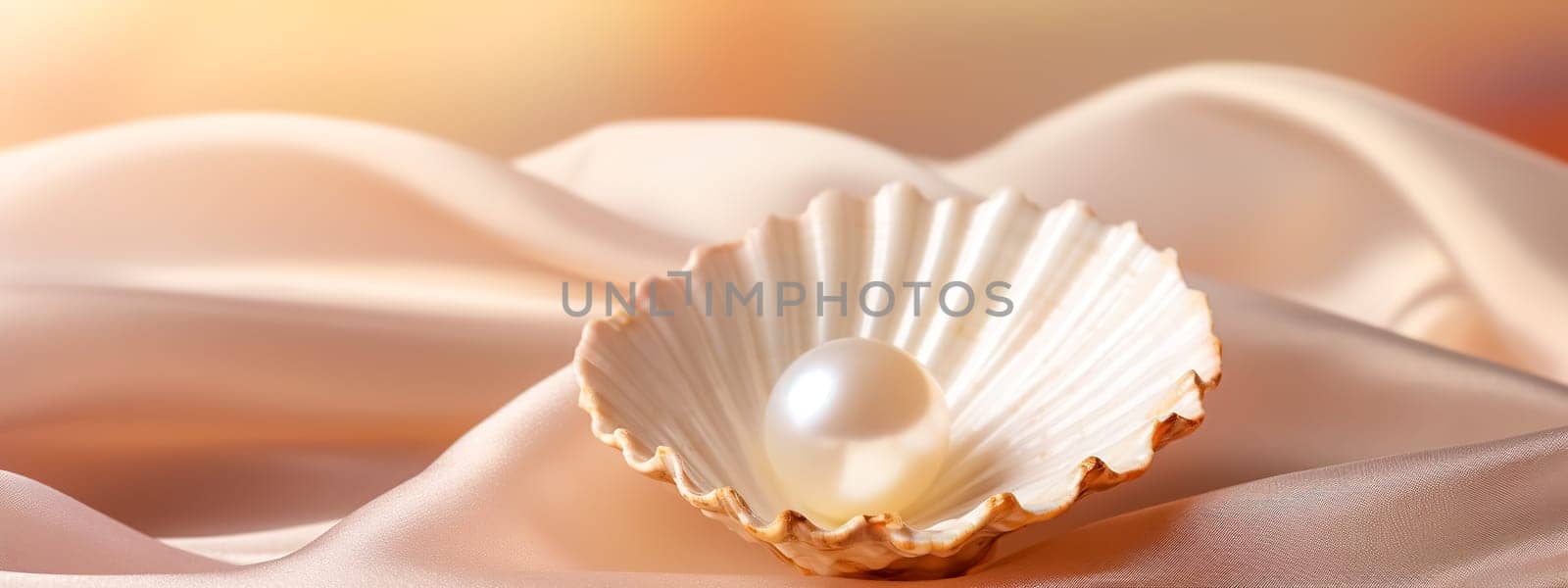 pearl in a shall on peach color satin fabric, 2024 banner by Edophoto