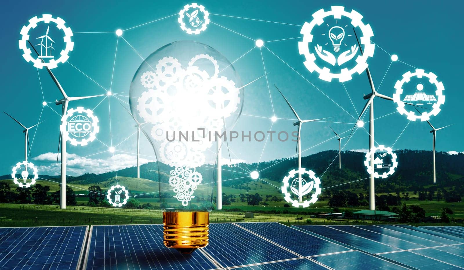 Green energy innovation light bulb with future industry of power generation icon graphic interface. Concept of sustainability development by alternative energy. uds