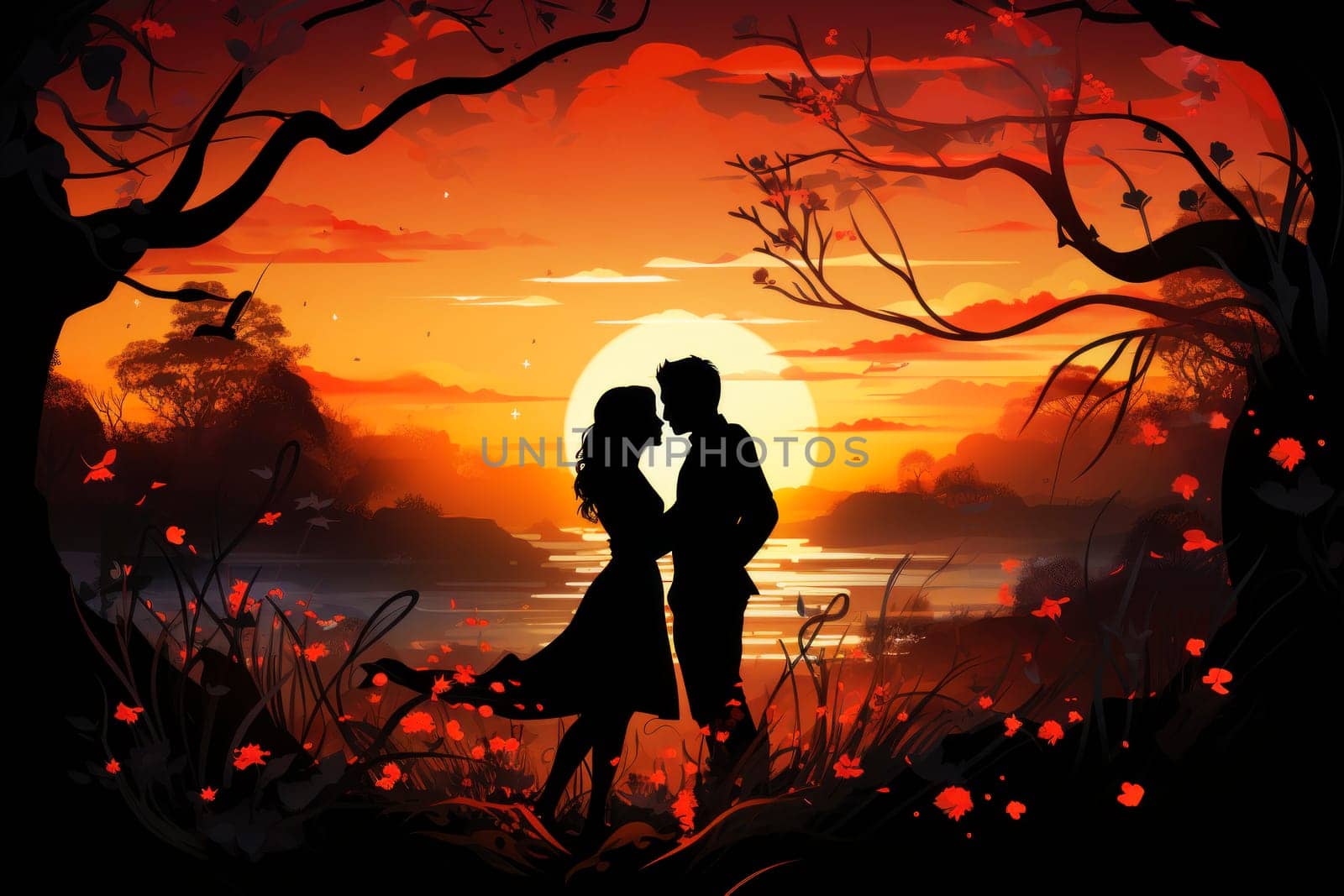 Silhouette of a loving couple of a man and a woman against a sunset background by andreyz