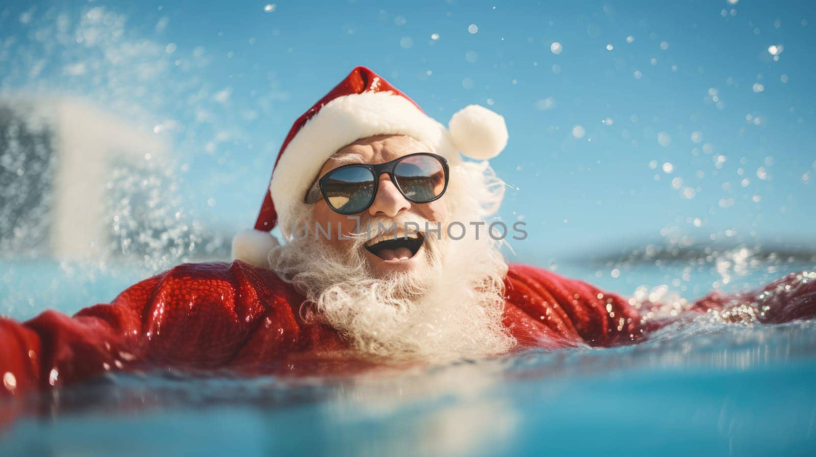 Santa Claus swim and relax in blue transparent pool water. Merry Christmas and Happy New Year travel destinations concept