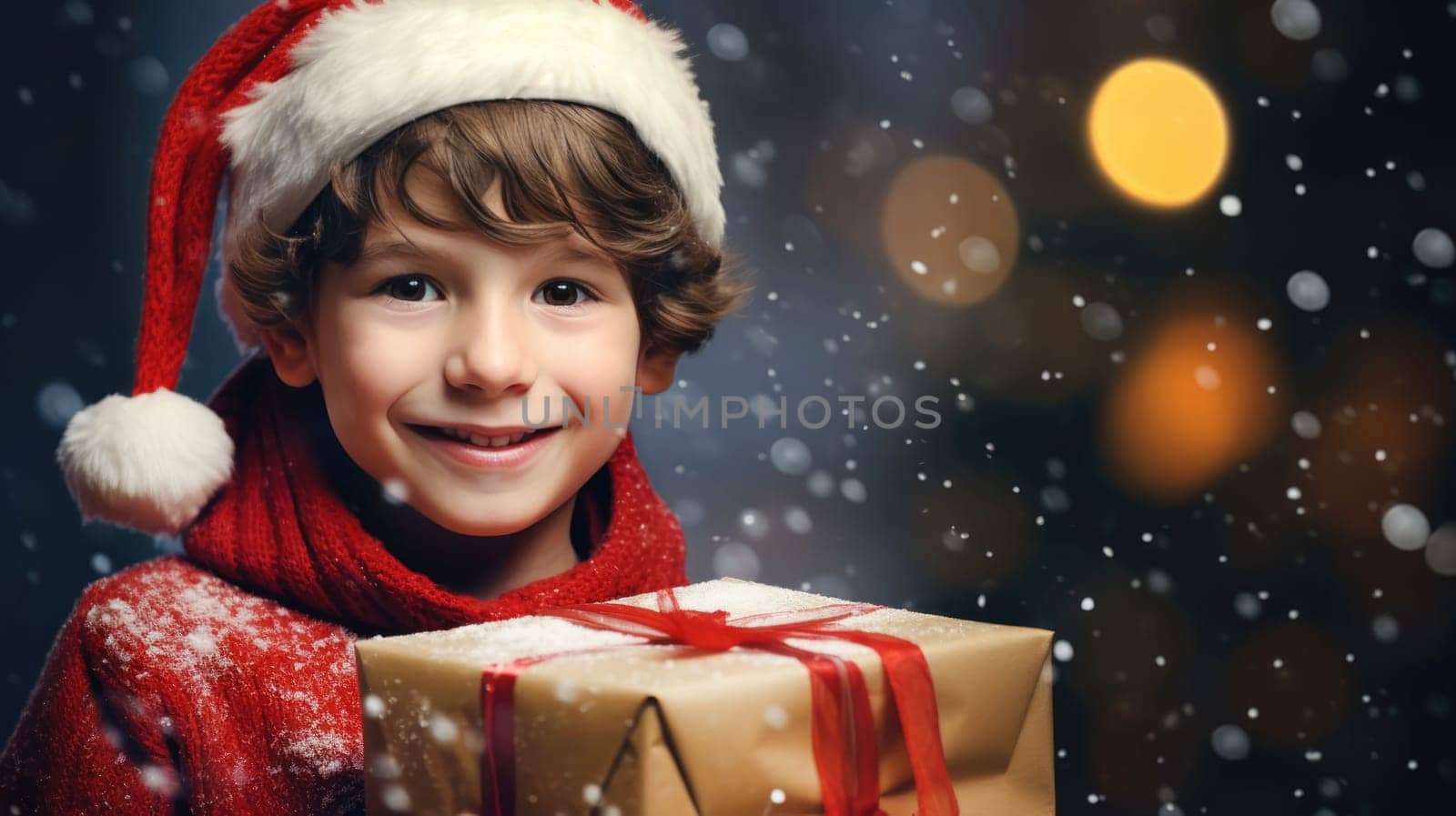 Cute little boy wearing red hat and holding gift box. Christmas and New Year concept. Copy space