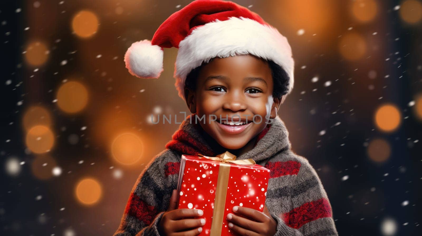 African kid with big giftbox is looking to the camera dusty street on background. Christmas support. Give and share kindness
