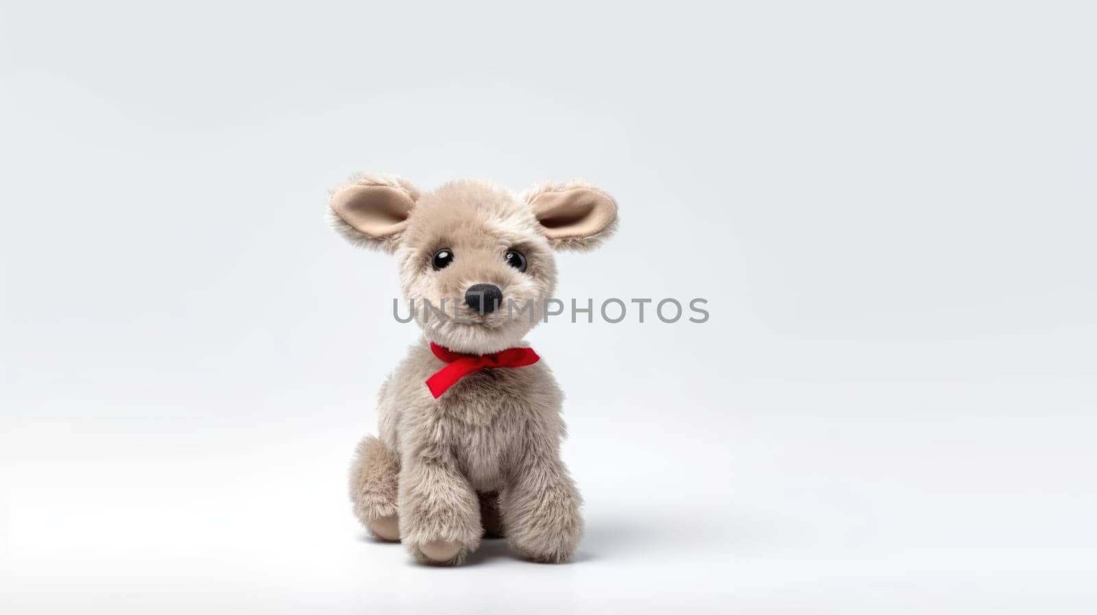 Cute fluffy vintage toy with a red bow on white background. Christmas gift for kids.