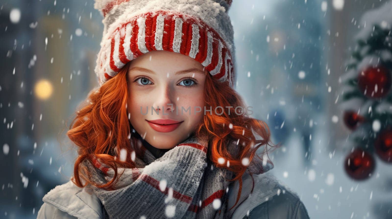 Cute little girl wearing red Santa hat and smiling. Christmas and New Year concept. Copy space