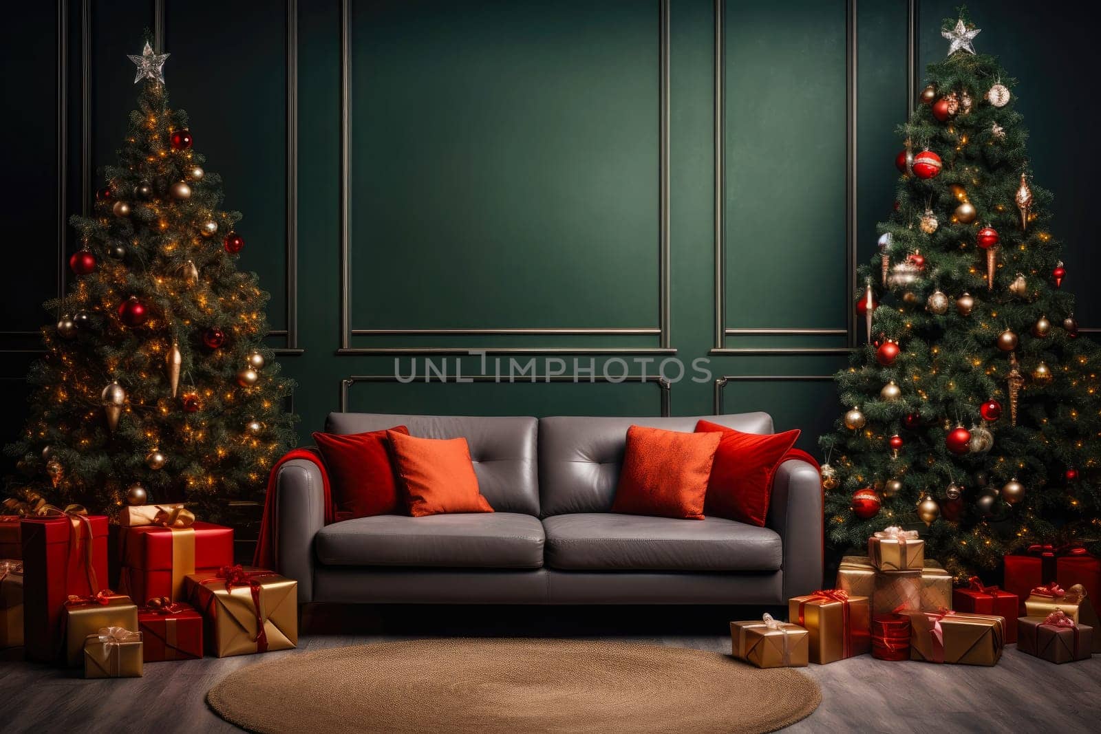 Christmas background with Christmas tree, gifts and sofa against a wall with empty space. Mock up. Christmas card