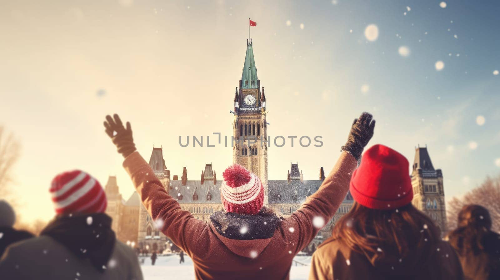 Happy Canadian wearing winter clothes celebrating Christmas holiday at Parliament Hill. People having fun hanging out together walking on city street. Winter holidays and relationship concept by JuliaDorian