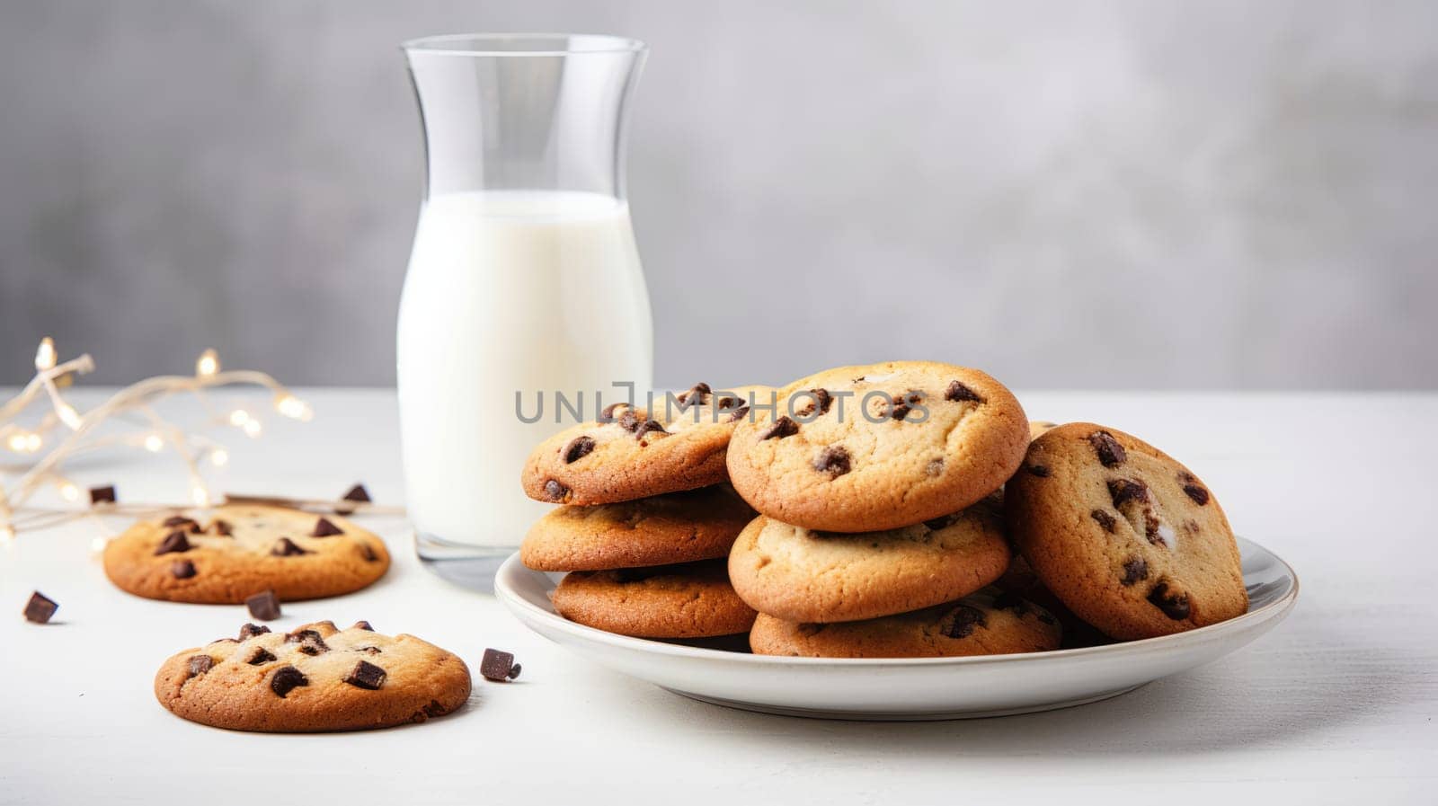 Homemade Christmas gingerbread cookies decorated with sweet sugar icing served on plate With glass of milk on white wooden background.