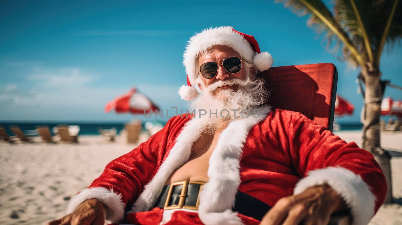 Christmas Santa Claus relaxing on sunlounger at ocean sandy tropical beach under palm leaves. Happy New Year travel destinations to hot countries concept