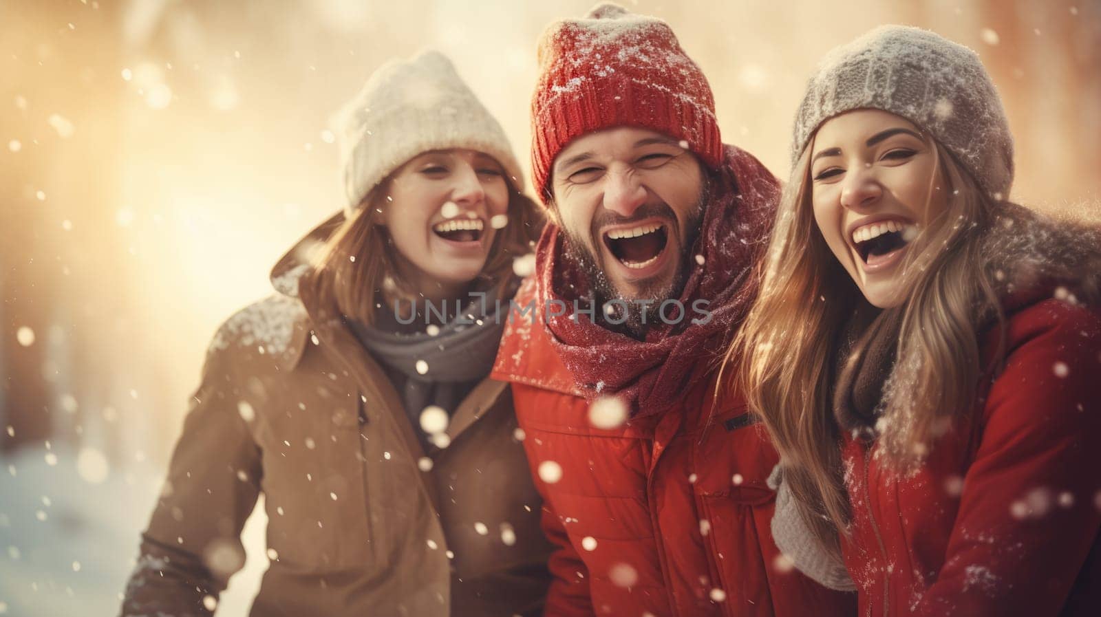 Happy Friends wearing winter clothes celebrating Christmas holiday. People having fun hanging out together walking on city street. Winter holidays and relationship concept by JuliaDorian