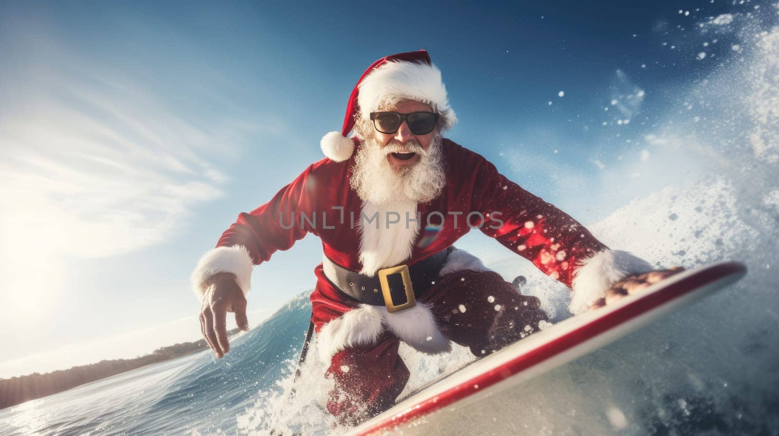 Santa Claus on surf board in ocean. Santa Claus on vacation. Surfing Santa. Santa goes Surfing