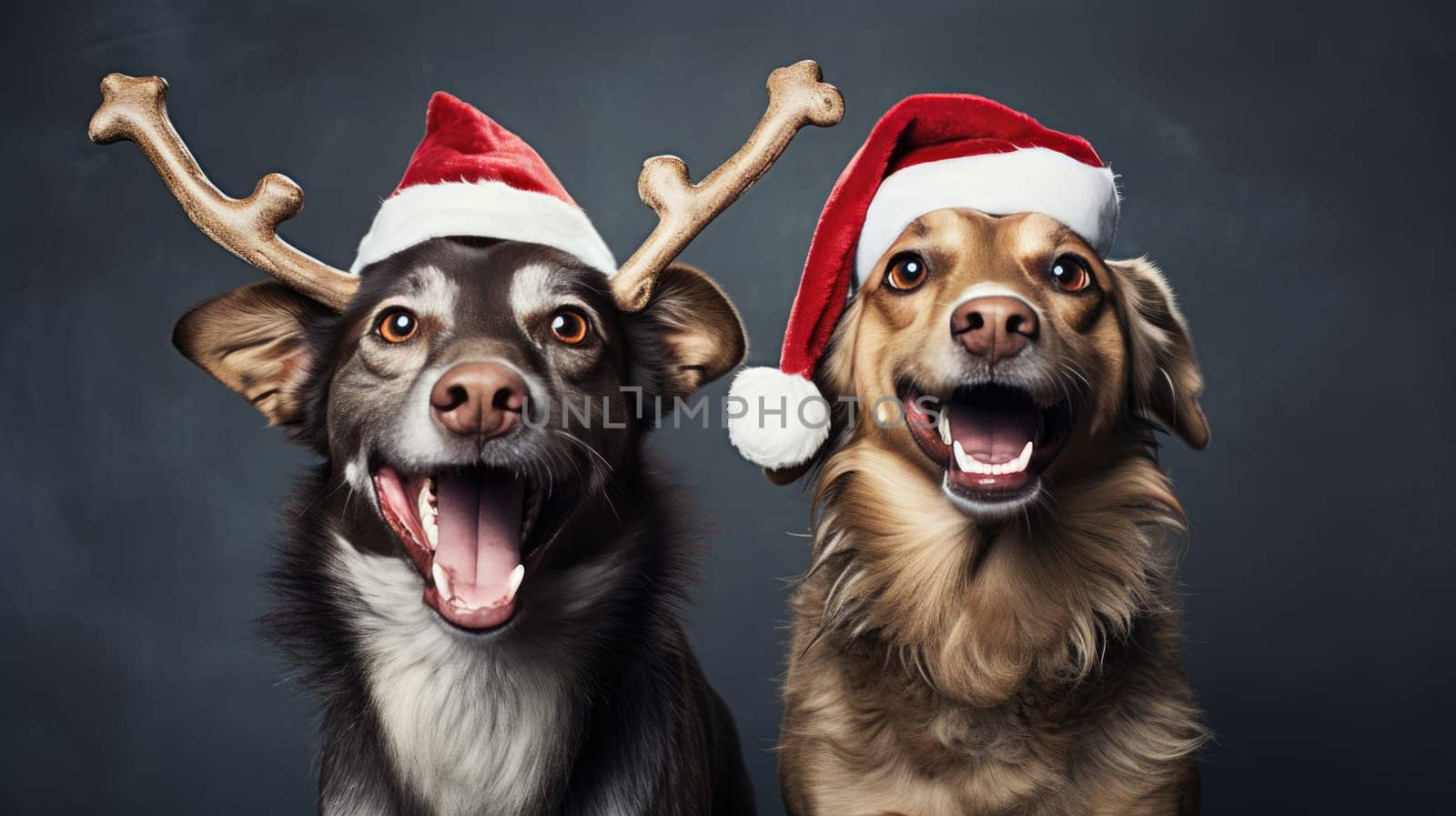 Two dogs celebrating Christmas holidays wearing red Santa Claus hat, reindeer antlers and red present ribbon