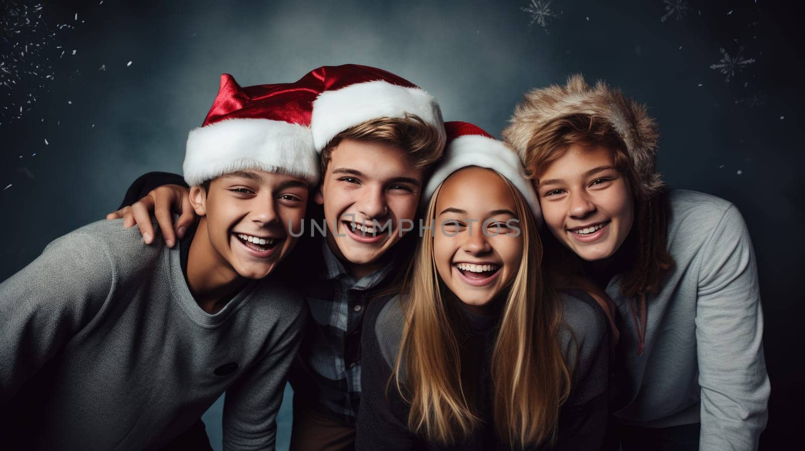 Happy teenagers wearing Santa Claus hat celebrating Christmas night together. Group of young people having new year party outside. Winter holidays concept.