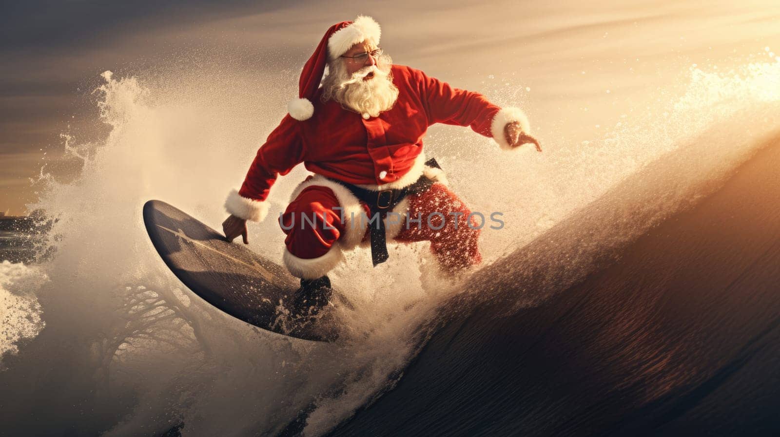 Santa Claus on surf board in ocean. Santa Claus on vacation. Surfing Santa. Santa goes Surfing. by JuliaDorian