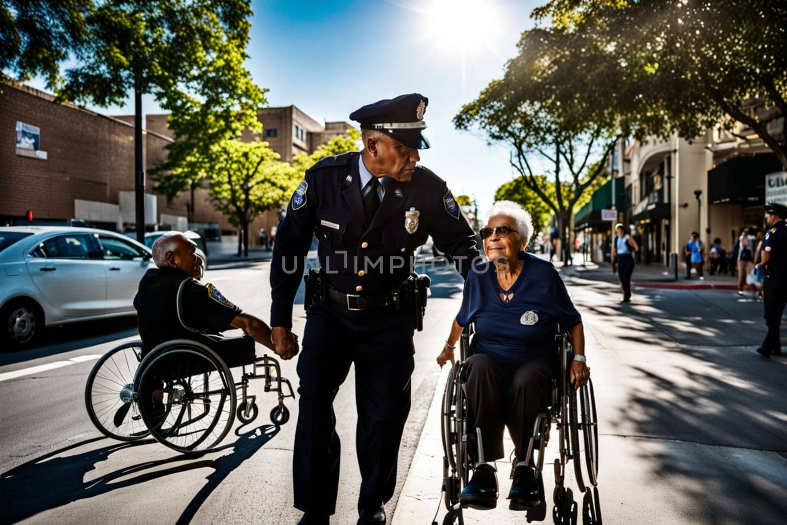 police officers and veterans in the street scene , policing and helping others by verbano