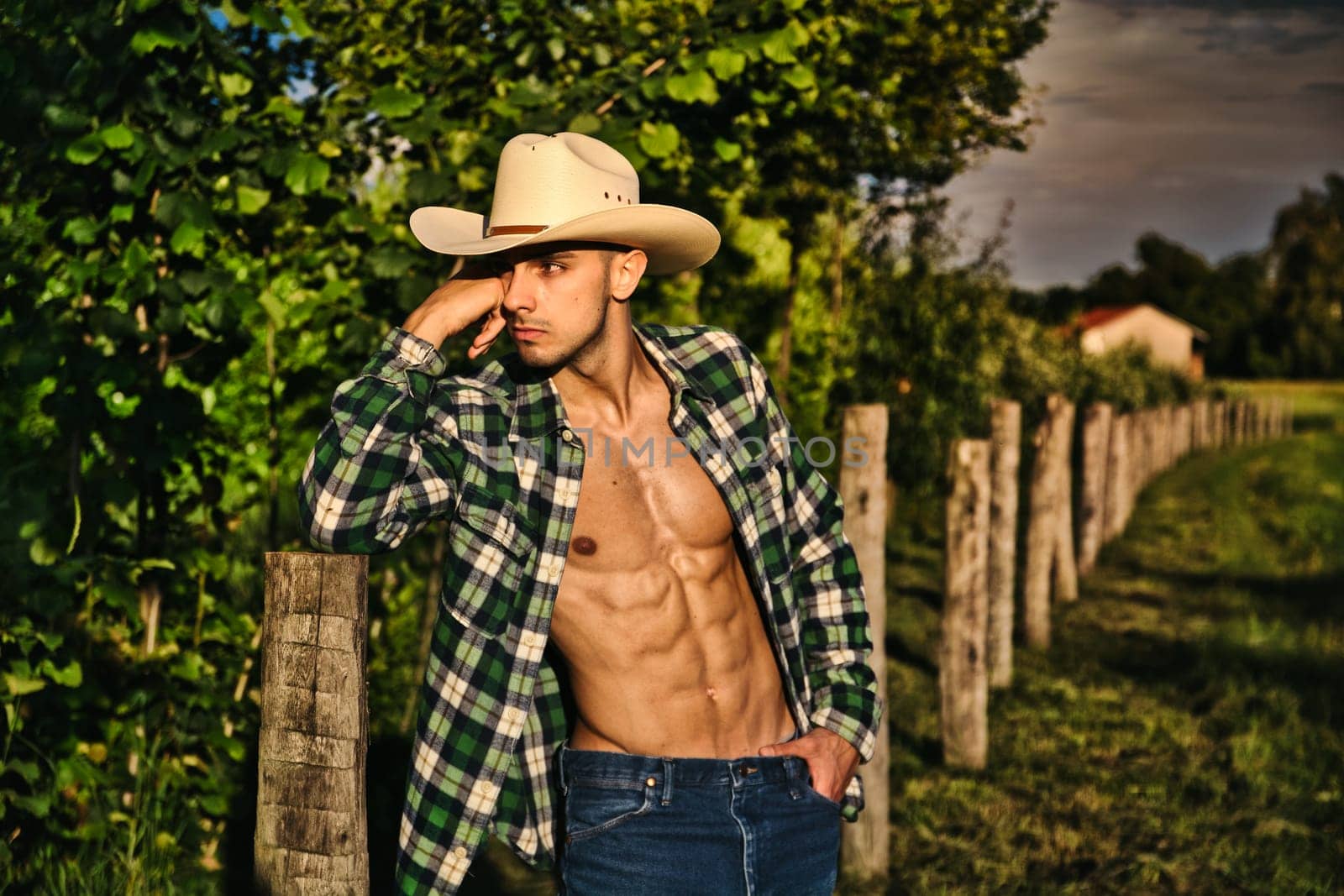 A shirtless man wearing a cowboy hat leaning on a wooden fence post