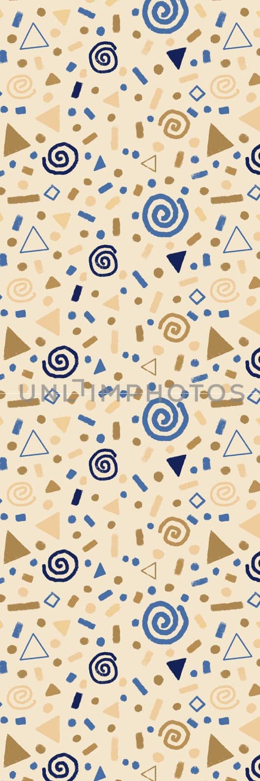 Bookmark with festive pattern with gold and blue doodles, swirls, stars, geometric elements