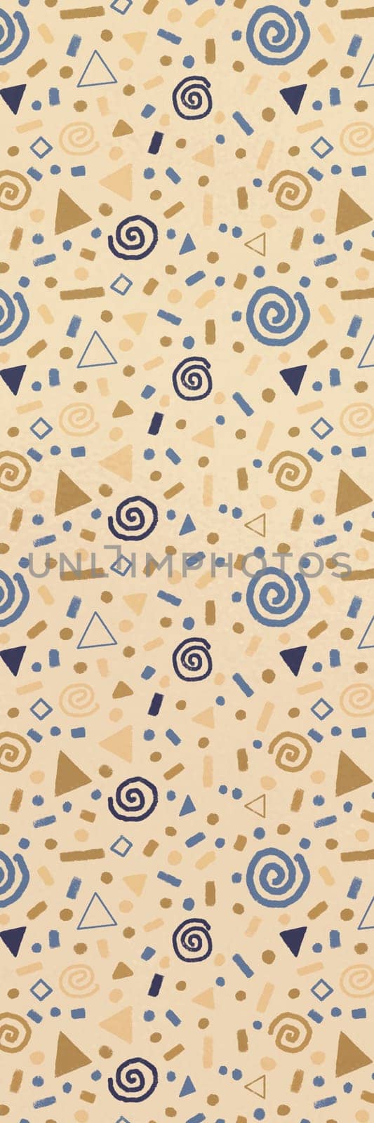 Bookmark with festive pattern with gold and blue doodles, swirls, stars, geometric elements