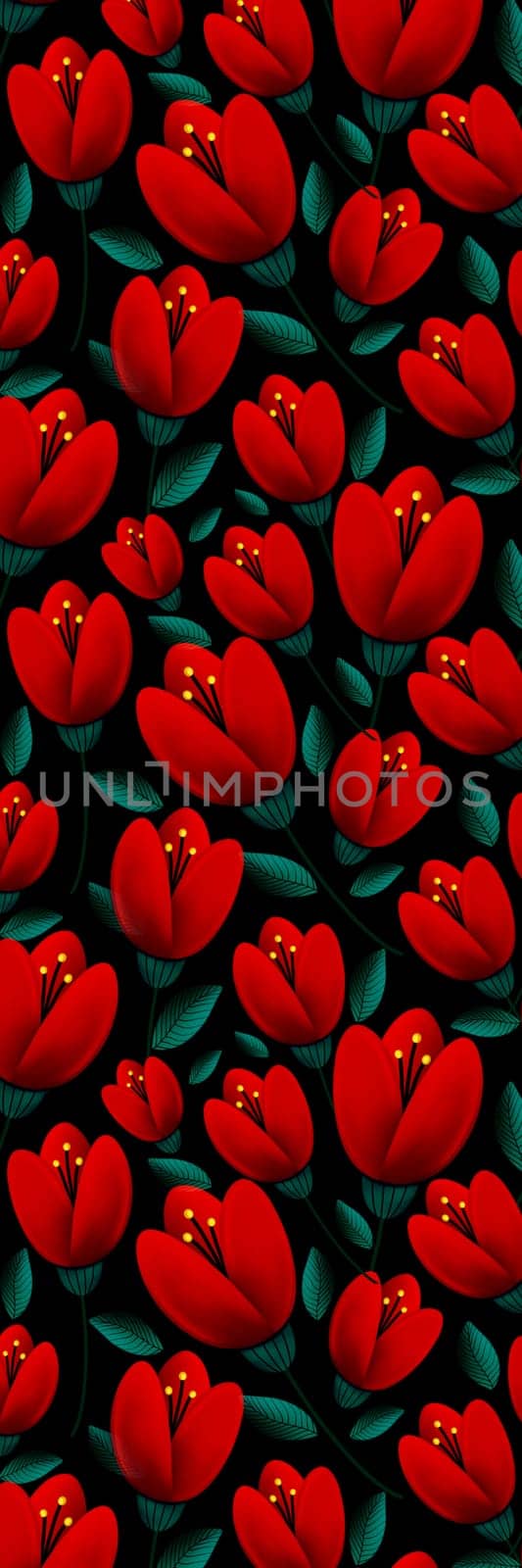 Picturesque bookmark with red tulips on dark background