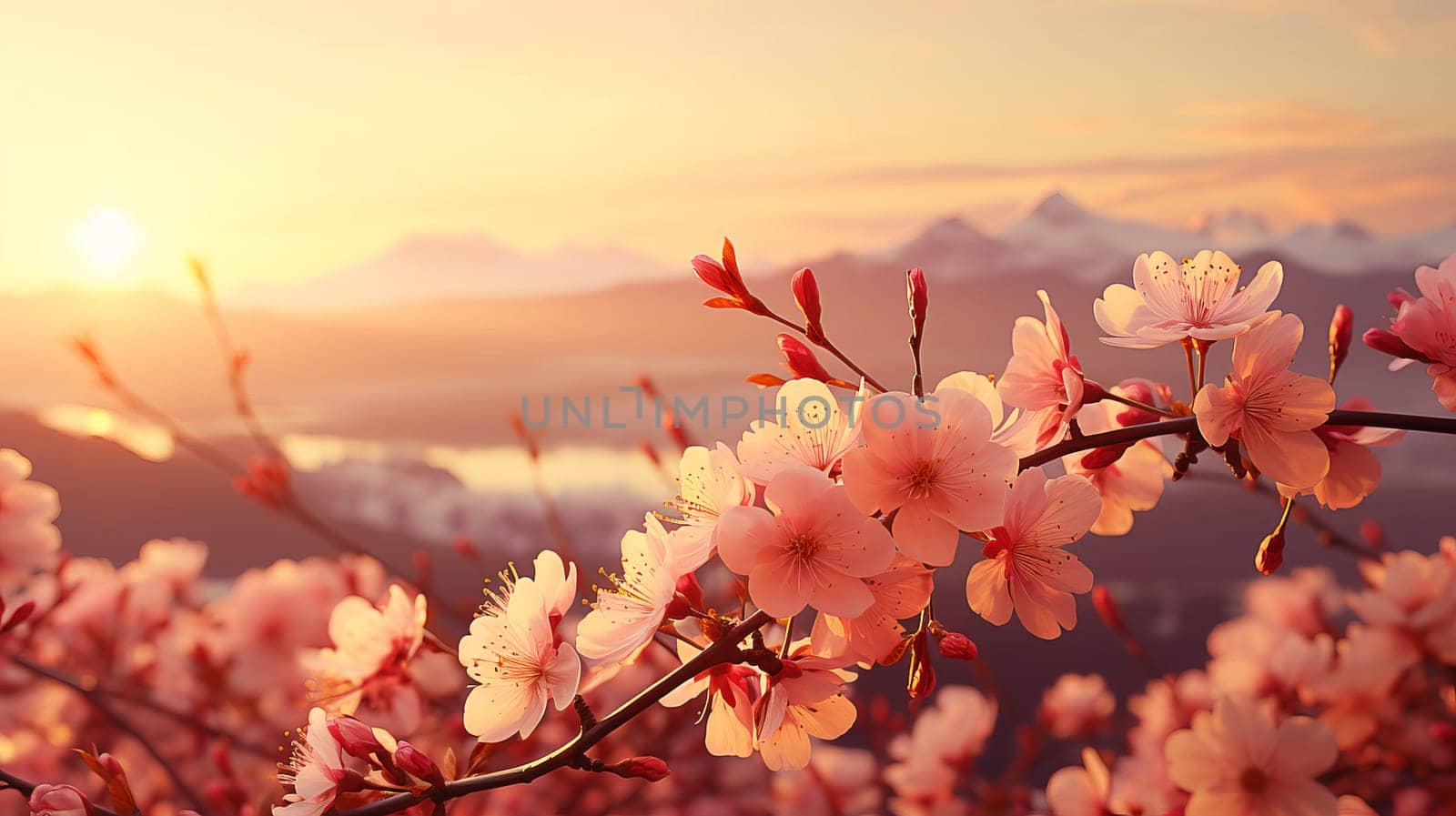 Close-up of sakura flowers on a tree branch during morning sunrise, color of the year 2024. AI generated.