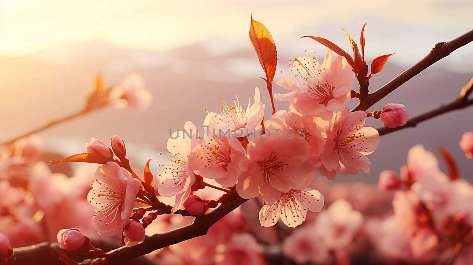 Close-up of sakura flowers on a tree branch during morning sunrise, color of the year 2024. AI generated.