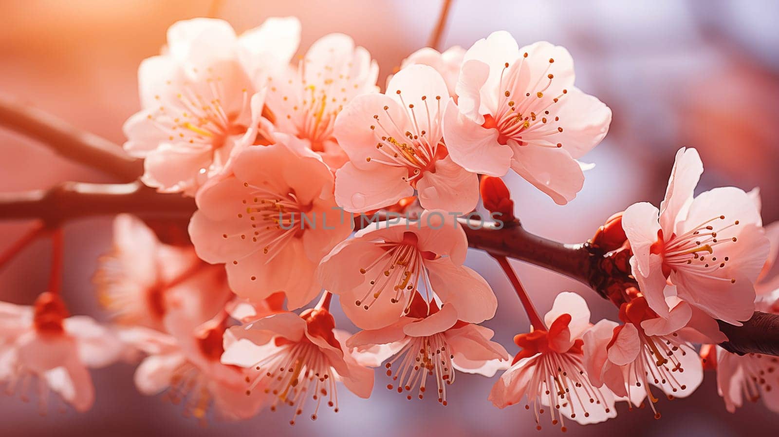 Close-up of sakura flowers on a tree branch during morning sunrise, color of the year 2024. AI generated.