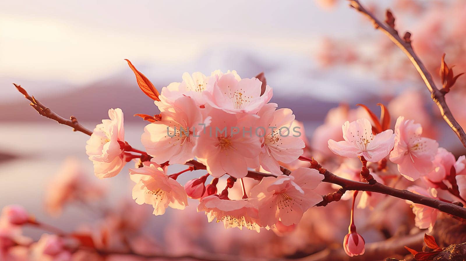 Close-up of sakura flowers on a tree branch during morning sunrise, color of the year 2024. AI generated.