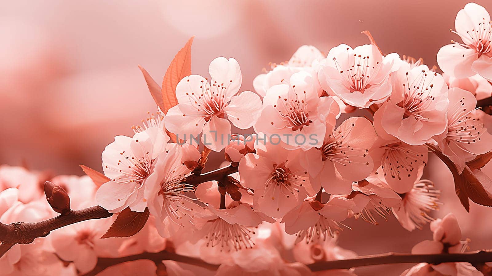 Close-up of sakura flowers on a tree branch during morning sunrise, color of the year 2024. AI generated.