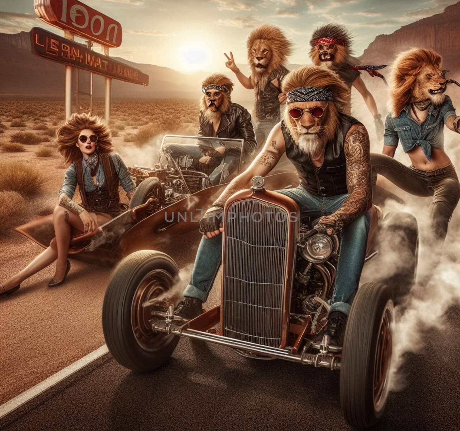 anthropomorhic lion characters gang riding custom bike hotrod on the road wearing leather blue jeans by verbano