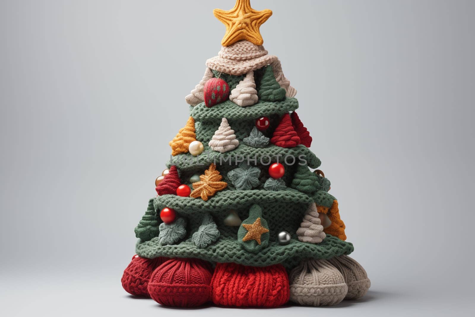Creative knitted green Christmas tree stand on a gray background.
