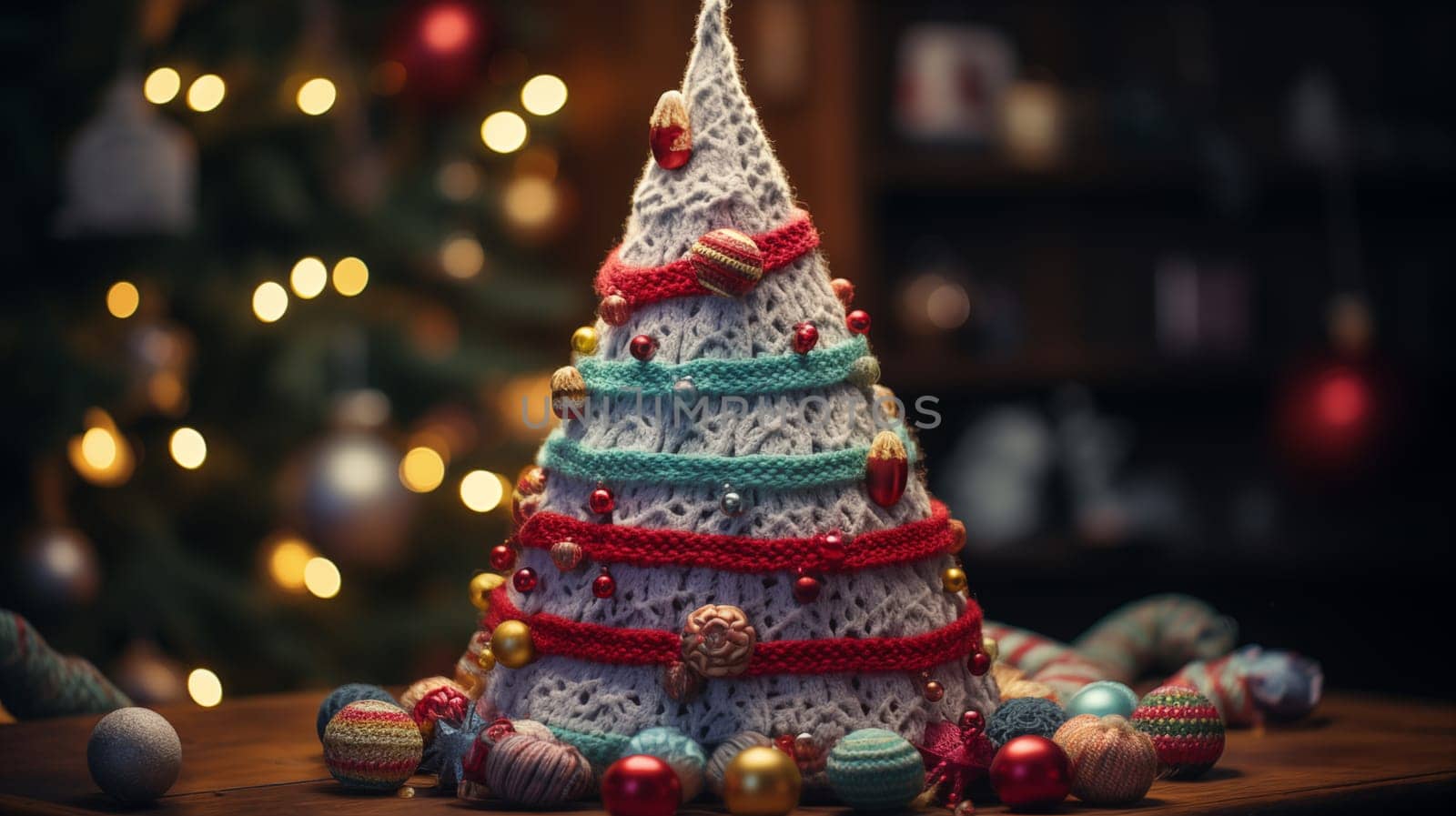 Creative knitted Christmas tree standing on table, in room, in evening light.