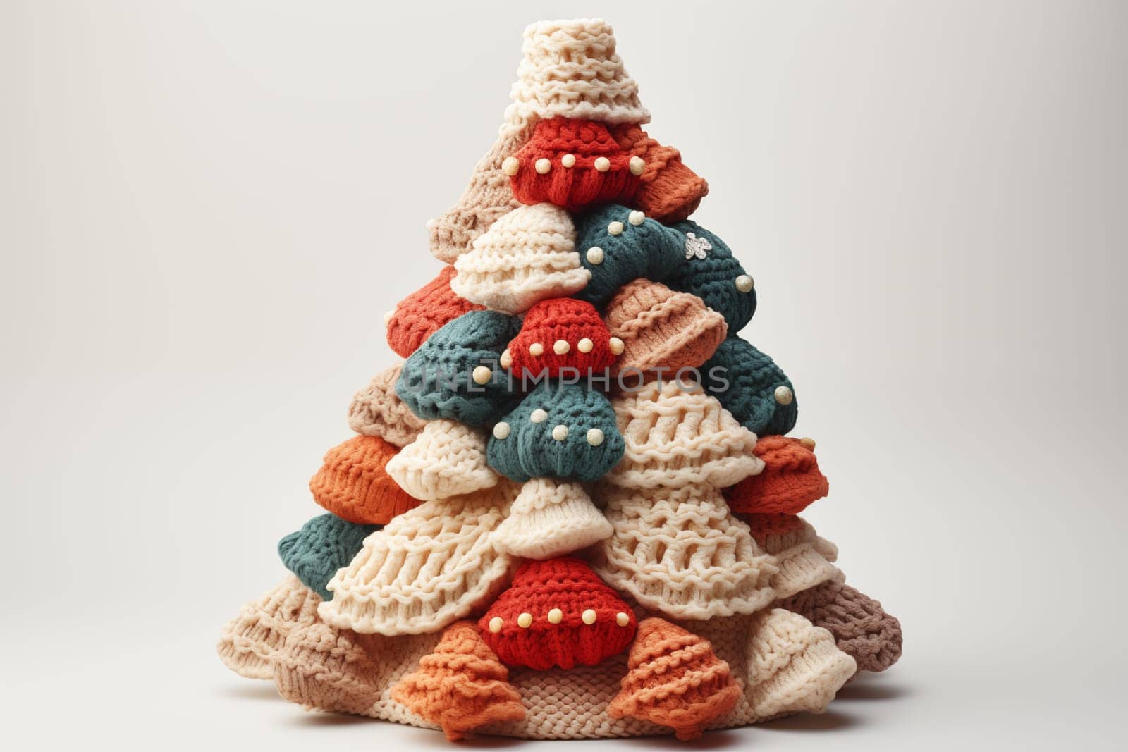 Creative cute knitted multicolor Christmas tree stand on a white background.