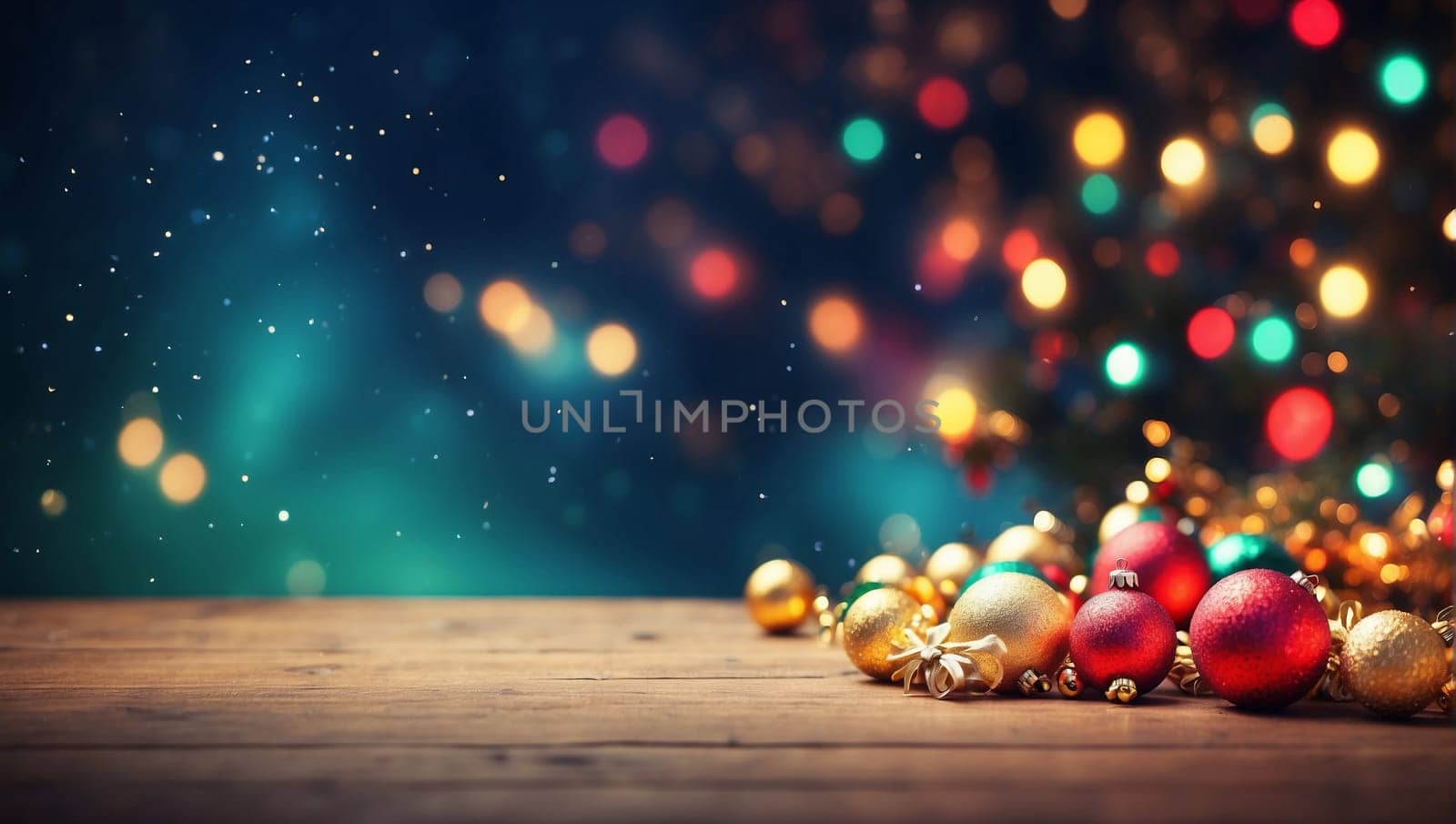 Empty table in front of christmas tree with decorations background. For product display montage. High quality photo