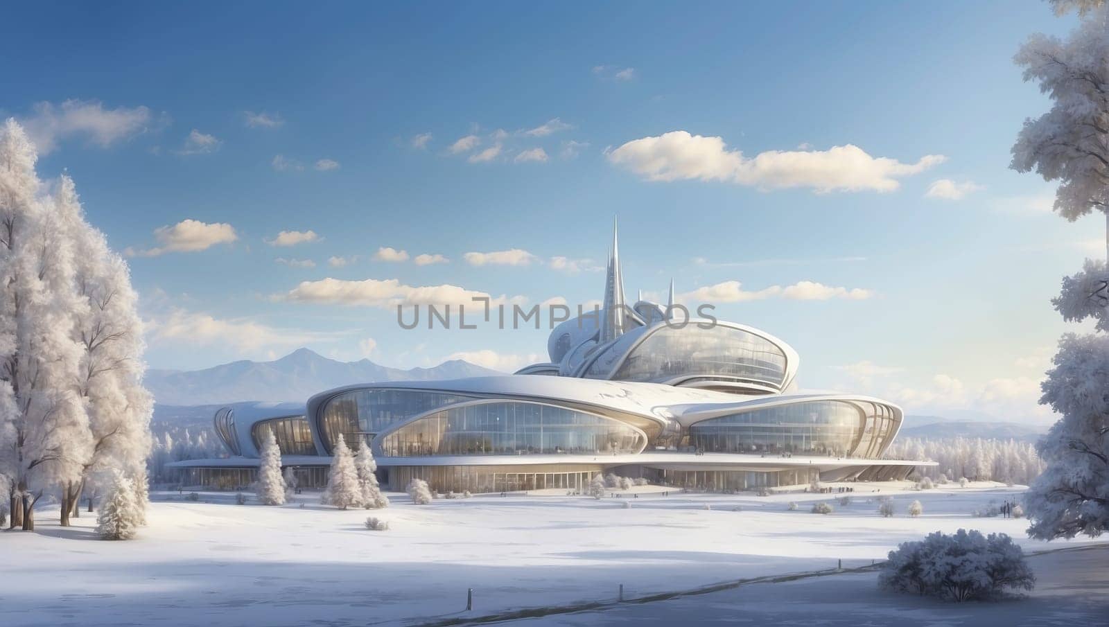 Futuristic landscape of a future city in winter. High quality photo