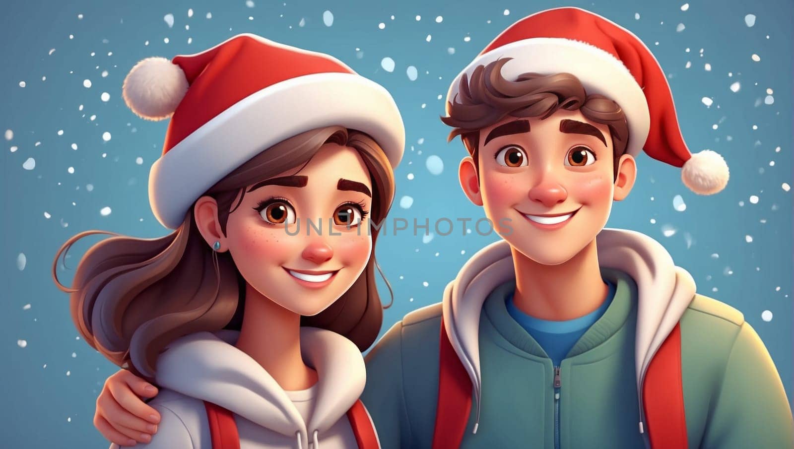 Christmas cute girl and man. Couple of young people woman and man happiness smile face positive emotions. Isolated Holiday New year cartoon 3d character couple of young people.
